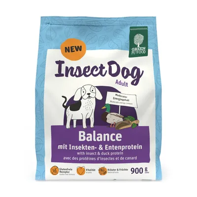 Green Petfood InsectDog Adult Balance, gluten-free recipe with insect and duck protein, moderate energy content, herbs & fruits, vitality, 900g.
