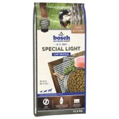 Bosch Special Light Low Protein suha hrana za pse, prikaz pakiranja od 12,5 kg s posudom hrane i komadom mesa na slici. Vidljivi simboli i tekst o sastavu na dnu.