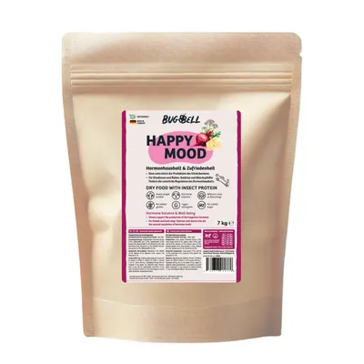 BugBell Happy Mood crocchette con proteine di insetti, 7 kg. Supporta l’equilibrio ormonale e il benessere. Senza cereali o coloranti artificiali aggiunti.