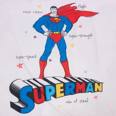 Illustration de Superman avec texte anglais : Heat vision, Flight, Super-strength, Super-speed. Logo SUPERMAN en couleurs et mention Man of steel.