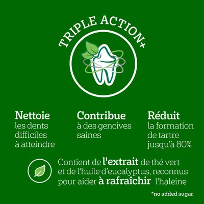 Triple Action+: Reinigt schwer erreichbare Zähne, fördert gesundes Zahnfleisch, reduziert Zahnsteinbildung um bis zu 80%. Enthält grünen Tee und Eukalyptusöl zur Atemerfrischung. Ohne Zuckerzusatz.