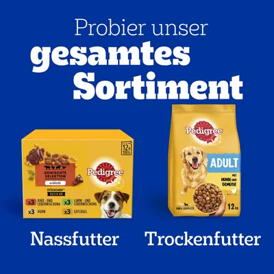 Probier unser gesamtes Sortiment: Pedigree Nassfutter Gemischte Selektion in Gelee, 12x100g. Pedigree Trockenfutter Adult mit Huhn und Gemüse, 12kg.
