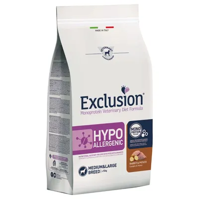 Exclusion Monoprotein Veterinary Diet Formula HYPOALLERGENIC, coniglio e patate, per cani taglia media e grande >10 kg. Made in Italy. Testo in inglese e italiano visibile sulla confezione.