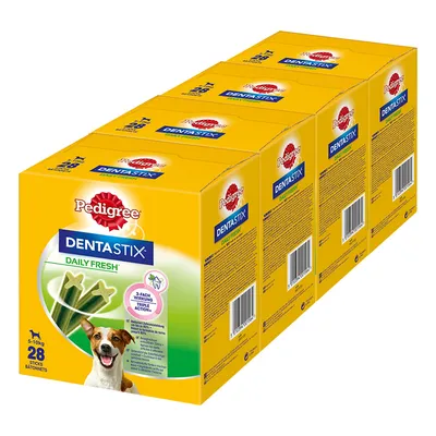 Pedigree Dentastix Daily Fresh für Hunde von 5-10kg, Packung mit 28 Sticks. Unterstützt die Zahnpflege durch dreifache Wirkung. Gelbe Verpackung mit Hundebild und Produktdetails.