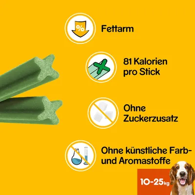 Текст на немецком: Fettarm, 81 Kalorien pro Stick, Ohne Zuckerzusatz, Ohne künstliche Farb- und Aromastoffe, 10–25 кг. Зеленые палочки с сечением в виде звезды.