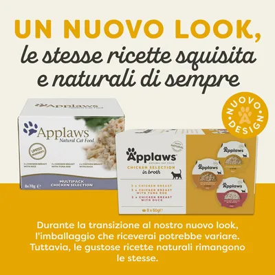 Testo: Un nuovo look, le stesse ricette squisita e naturali di sempre. Applaws Natural Cat Food multipack pollo. Durante la transizione l’imballaggio potrebbe variare, ricette naturali uguali.