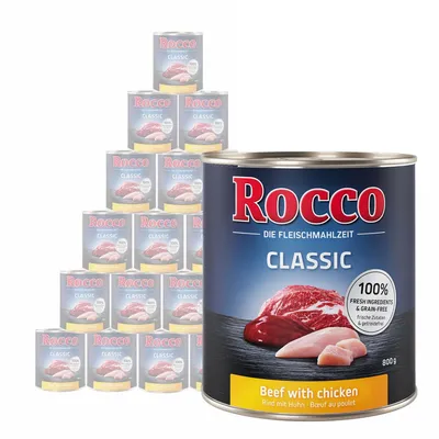 Rocco Classic beef with chicken wet food can, 100% fresh ingredients and grain-free, 800g. Multiple cans shown in background.