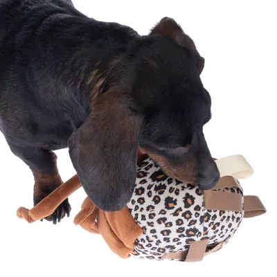 Hund leger med et plyslegetøj med leopardmønster og brune detaljer.