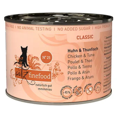 Catz Finefood Classic Nr. 25, csirke és tonhal, 93% hústartalom, gabonamentes, hozzáadott cukor nélkül, állatkísérlet-mentes, kiváló minőségű összetevők.