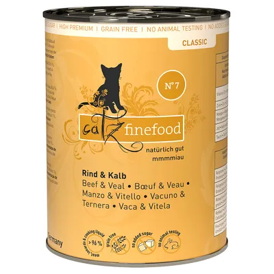 Catz Finefood Classic Nr. 7, Rind & Kalb, getreidefrei, ohne Zuckerzusatz, keine Tierversuche, 96% Fleischanteil, hergestellt in Deutschland.