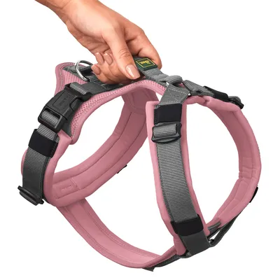 Rosa und graues Hundegeschirr mit gepolsterten Gurten, verstellbaren Schnallen und Metallring. Hand zeigt die einfache Bedienung des Geschirrs.