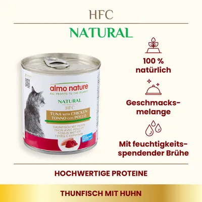 Almo Nature HFC Natural Thunfisch mit Huhn. 100% natürlich, Geschmacks-Melange, mit feuchtigkeitsspendender Brühe, hochwertige Proteine.