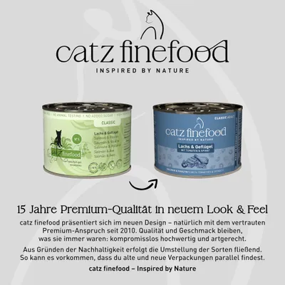 catz finefood Classic Lachs & Geflügel im neuen und alten Design. Hinweis: Umstellung auf neue Verpackung, Qualität bleibt unverändert, Nachhaltigkeit als Grund. catz finefood Classic Lachs & Geflügel im neuen und alten Design. Hinweis: Umstellung auf neue Verpackung, Qualität bleibt unverändert, Nachhaltigkeit als Grund.