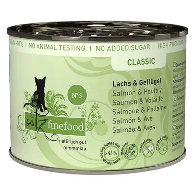 Catz Finefood Classic Nr. 5, lazac és szárnyas, gabonamentes, hozzáadott cukor nélkül, állatkísérlet-mentes, több mint 96% hústartalom.