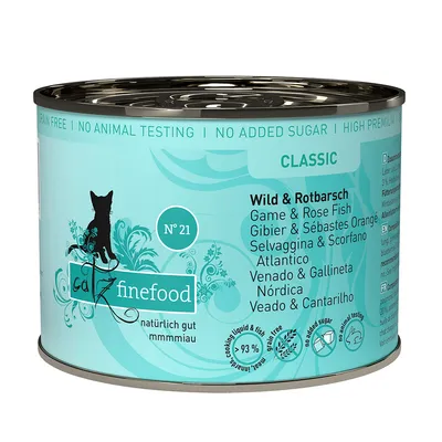 Catz Finefood Classic Nr. 21, vilt och rödfisk, naturligt bra, utan tillsatt socker, spannmålsfri, inga djurförsök, 93% kött och fisk i buljong.