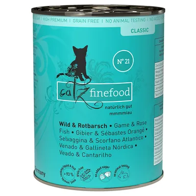 catz finefood No 21 Classic, Wild & roodbaars, natuurlijk goed, graanvrij, zonder toegevoegde suiker, geen dierproeven, 93% vlees, verschillende talen op het blik. catz finefood No 21 Classic, Wild & roodbaars, natuurlijk goed, graanvrij, zonder toegevoegde suiker, geen dierproeven, 93% vlees, verschillende talen op het blik.