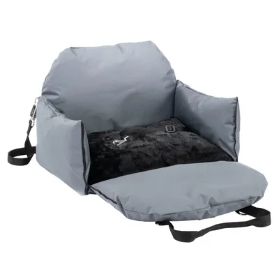 Grey car seat with black padding, safety belt and fastening straps for pets. Suitable for transport in the car.