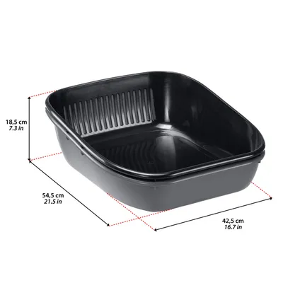 Schwarze Kunststoffschale mit Abmessungen: Höhe 18,5 cm, Breite 54,5 cm, Tiefe 42,5 cm. Masse auch in Zoll angegeben: 7,3 in, 21,5 in, 16,7 in.