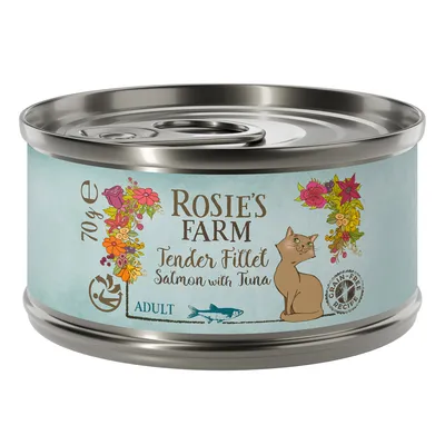 Rosie's Farm Tender Fillet Salmon with Tuna, 70g Dose, Adult, getreidefreie Rezeptur, Illustration einer Katze und Blumen.