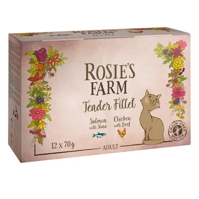 Rosie's Farm Tender Fillet, 12 x 70g, Adult. Sorten: Lachs mit Thunfisch, Huhn mit Rind. Grain-Free Recipe. Verpackung mit Blumenmotiv und Katze.