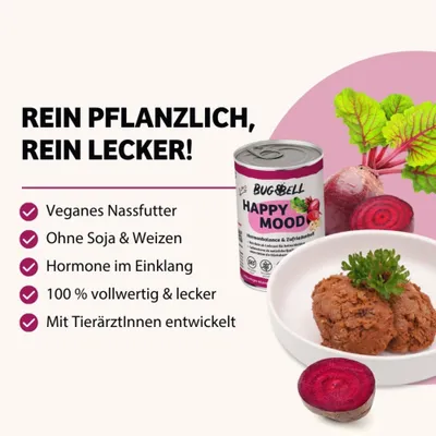 BUGBELL Happy Mood veganes Nassfutter: ohne Soja und Weizen, Hormone im Einklang, 100% vollwertig und lecker, mit TierärztInnen entwickelt. Rote Bete als Zutat abgebildet. BUGBELL Happy Mood veganes Nassfutter: ohne Soja und Weizen, Hormone im Einklang, 100% vollwertig und lecker, mit TierärztInnen entwickelt. Rote Bete als Zutat abgebildet.