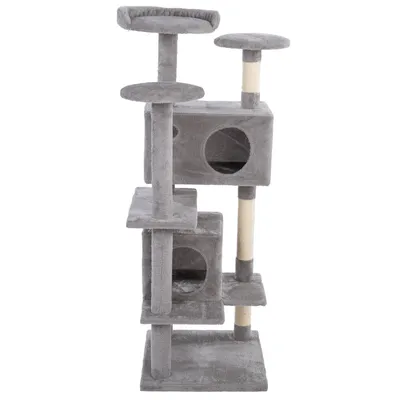 Grey cat tree with multiple levels, two caves and sisal-wrapped scratching posts.