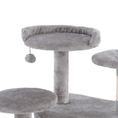 Grey scratching post with three levels, padded lying surface and hanging play ball.