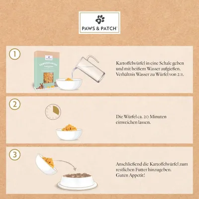 Anleitung zur Zubereitung von Paws & Patch Kartoffelwürfeln: 1. Mit heissem Wasser im Verhältnis 2:1 aufgiessen. 2. 20 Minuten einweichen lassen. 3. Zum Futter hinzufügen.