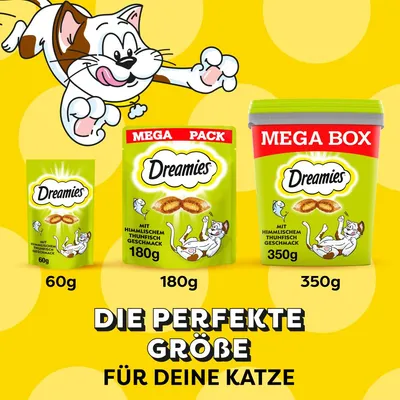 Dreamies mit himmlischem Thunfischgeschmack in drei Grössen: 60g, 180g Mega Pack, 350g Mega Box. Text: Die perfekte Grösse für deine Katze.