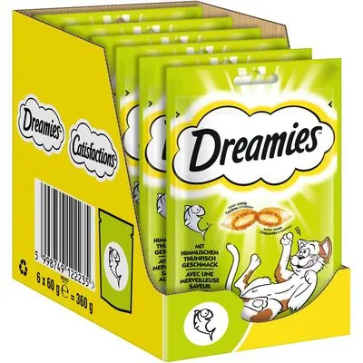 Zestaw 6 opakowań przysmaków dla kotów Dreamies, każde po 60 g, smak tuńczyk. Widoczne logo Dreamies i ilustracja kota na żółtym kartonie.