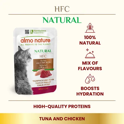 almo nature HFC Natural, tuniak a kuracie mäso pre dospelé mačky. 100% natural, mix of flavours, boosts hydration, high-quality proteins, tuna and chicken. Text v angličtine.