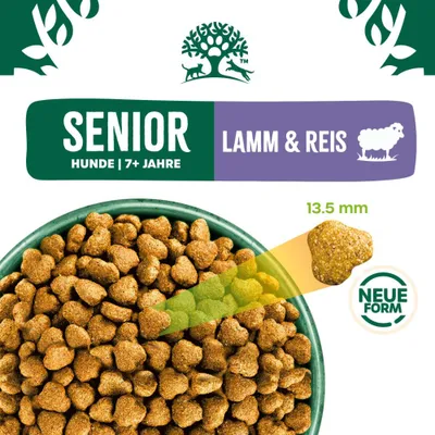 Senior Hunde 7+ Jahre, Lamm & Reis, neue Form, Kroketten mit 13,5 mm Durchmesser abgebildet. Senior Hunde 7+ Jahre, Lamm & Reis, neue Form, Kroketten mit 13,5 mm Durchmesser abgebildet.
