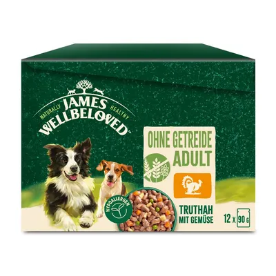 James Wellbeloved Adult zonder granen, kalkoen met groenten, hypoallergeen, verpakking met 12 x 90 g.