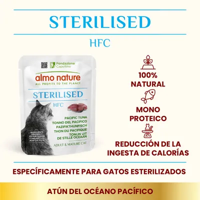 almo nature STERILISED HFC Pacific Tuna, comida para gatos adultos y maduros. 100 % natural, monoproteico, reducción de la ingesta de calorías. Específicamente para gatos esterilizados.