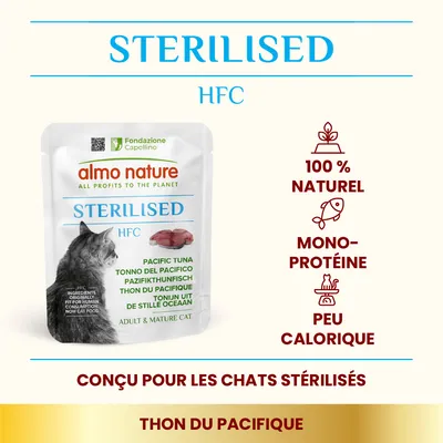 almo nature STERILISED HFC thon du Pacifique, 100 % naturel, mono-protéine, peu calorique, conçu pour chats stérilisés. Texte en anglais et autres langues visible sur l’emballage.