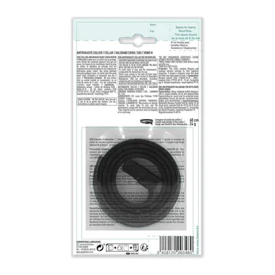 Collier antiparasitaire pour chiens, longueur 60 cm, poids 24 g. Mode d'emploi et précautions visibles sur l'emballage.