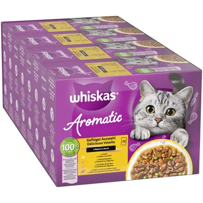 whiskas Aromatična izbira perutnine, 100 % uravnoteženi obroki, v omaki. Okusi: piščanec, raca & zelenjava, puran & zelenjava, divjačina v bogati omaki. whiskas Aromatična izbira perutnine, 100 % uravnoteženi obroki, v omaki. Okusi: piščanec, raca & zelenjava, puran & zelenjava, divjačina v bogati omaki.