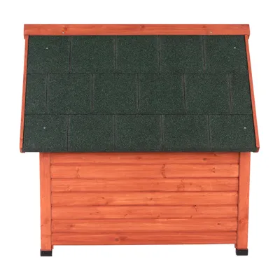 Hondenhok van hout met groen dak van weerbestendig materiaal, rechthoekige vorm en stabiele constructie.
