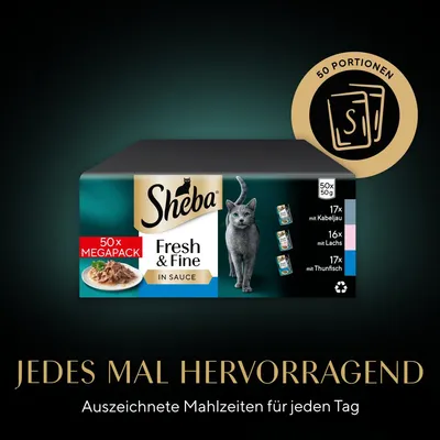 Sheba Fresh & Fine in Sauce, 50x Megapack mit 50 Portionen: 17x Kabeljau, 16x Lachs, 17x Thunfisch. Ausgezeichnete Mahlzeiten für jeden Tag.