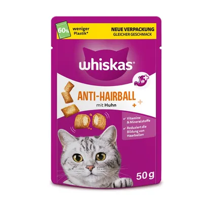 whiskas ANTI-HAIRBALL mit Huhn, 50 g. 60 % weniger Plastik*, neue Verpackung, gleicher Geschmack. Vitamine & Mineralstoffe, reduziert die Bildung von Haarballen. Besedilo v nemščini.