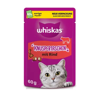 Whiskas Knuspertaschen mit Rind, 60g. Neue Verpackung mit 60% weniger Plastik, gleicher Geschmack.
