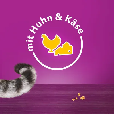 Mit Huhn & Käse. Gelbes Symbol eines Huhns und eines Käsestücks auf violettem Hintergrund.