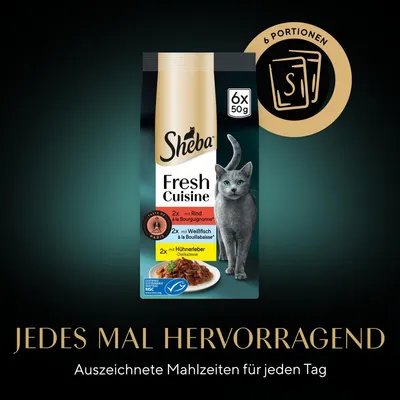 Sheba Fresh Cuisine, 6x50g. Sorten: 2x Rind à la Bourguignonne, 2x Weissfisch à la Bouillabaisse, 2x Hühnerleber-Delikatesse. MSC-zertifiziert. 6 Portionen. Ausgezeichnete Mahlzeiten für jeden Tag.