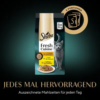 Sheba Fresh Cuisine, 6x50g. Sorten: Truthahn al Pomodoro, Huhn alla Carbonara, Geflügel alla Puttanesca. Ausgezeichnete Mahlzeiten für jeden Tag.
