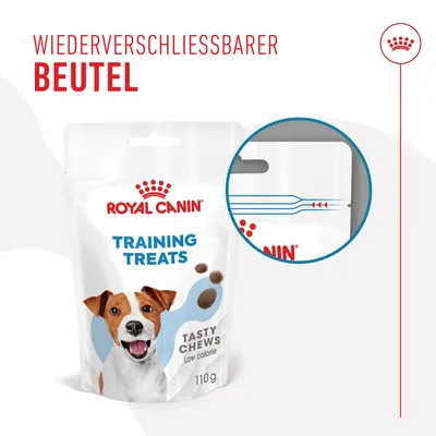Royal Canin Training Treats, okusni priboljški, nizkokalorični, 110g. Ponovno zapiralna vrečka s podrobnim prikazom mehanizma zapiranja.