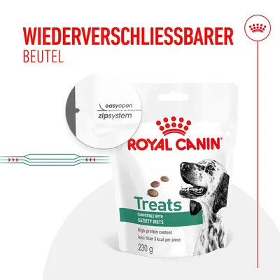 Royal Canin Treats, wiederverschliessbarer Beutel mit easyopen Zipsystem, kompatibel mit Satiety Diets, hoher Proteingehalt, weniger als 3 kcal pro Stück, 230 g.