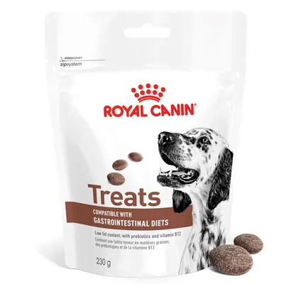 Royal Canin Treats, združljivo z gastrointestinalnimi dietami, 230g. Nizka vsebnost maščob, s prebiotiki in vitaminom B12. Embalaža z enostavnim zip zapiranjem.