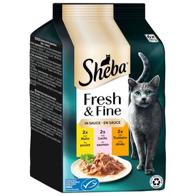 Sheba Fresh & Fine in Saus, 6x50g: 2x kip, 2x zalm, 2x kalkoen. Afbeelding van natvoer op bord en MSC-keurmerk zichtbaar op verpakking.