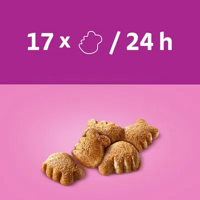Fütterungsempfehlung: 17 Stück pro 24 Stunden. Abgebildet sind kleine, pfotenförmige Snacks auf rosa Hintergrund.