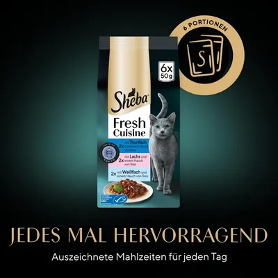 Sheba Fresh Cuisine, 6 Portionen à 50g. Sorten: Thunfisch, Lachs und Weissfisch mit einem Hauch von Reis. Ausgezeichnete Mahlzeiten für jeden Tag.